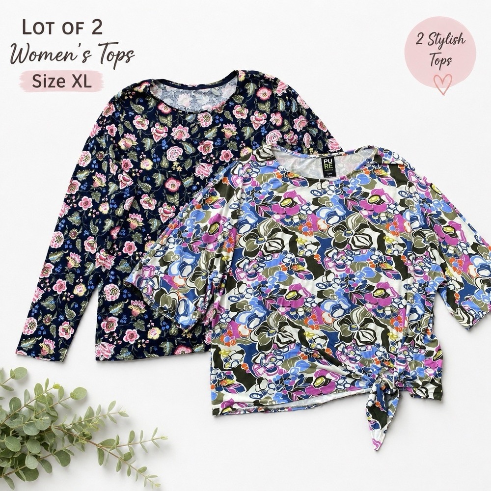 Lot Of 2 Women's Floral Top Size XL Multicolor Knit Stretch Everyday Casual